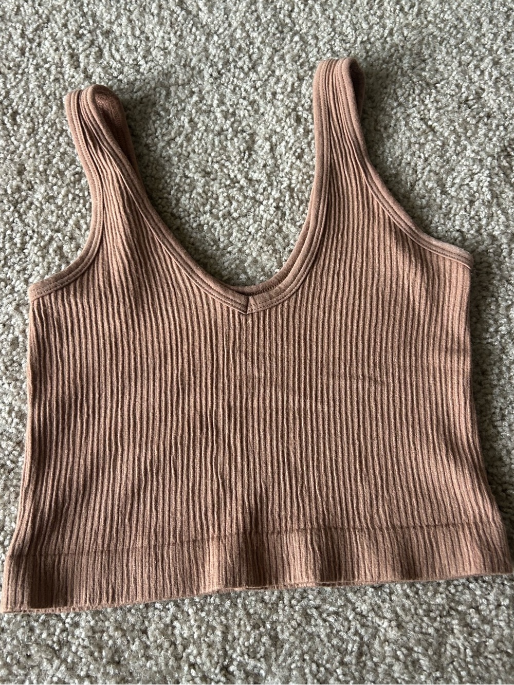 Urban Outfitters Ribbed V-Neck Cropped Tank in Tan